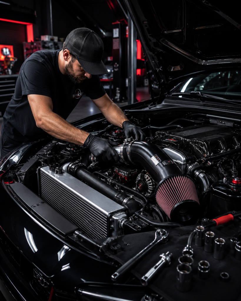Aftermarket performance components being installed on a Winston-Salem vehicle