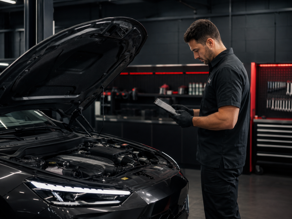 Automotive technician inspecting a performance vehicle with a diagnostic tablet in Winston-Salem NC
