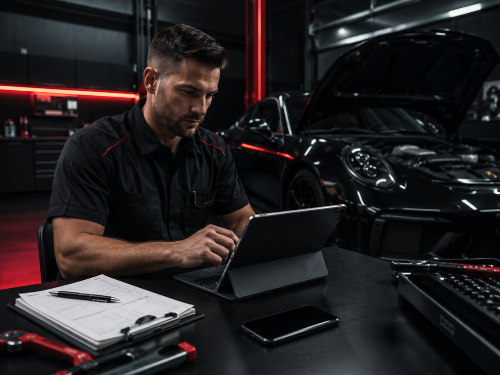 Big South Performance technician reviewing a customer service request beside a performance vehicle in Winston-Salem NC