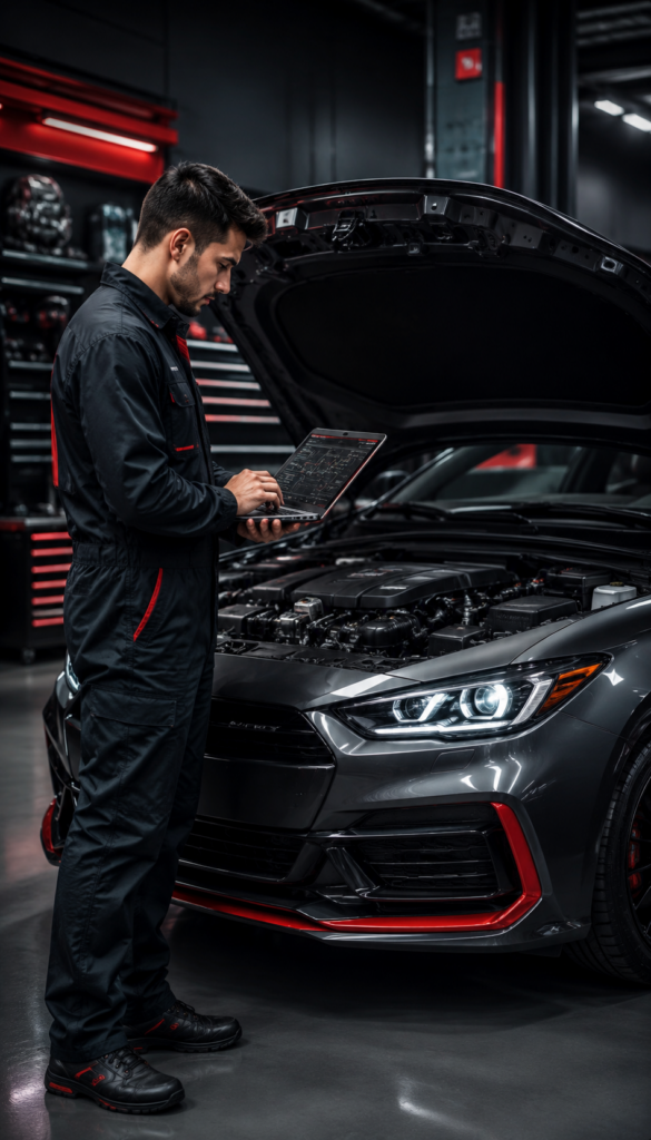 Automotive technician inspecting a performance vehicle with diagnostic equipment in Winston-Salem NC
