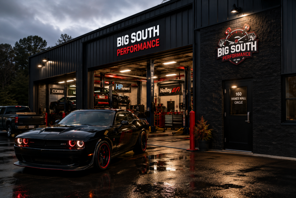 Big South Performance automotive shop in Winston-Salem NC with a black performance car outside