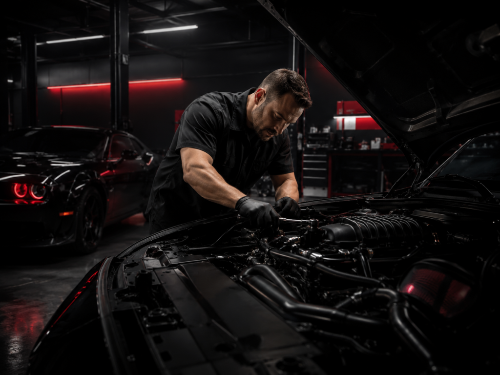 Professional technician working on a performance car engine at Big South Performance in Winston-Salem NC
