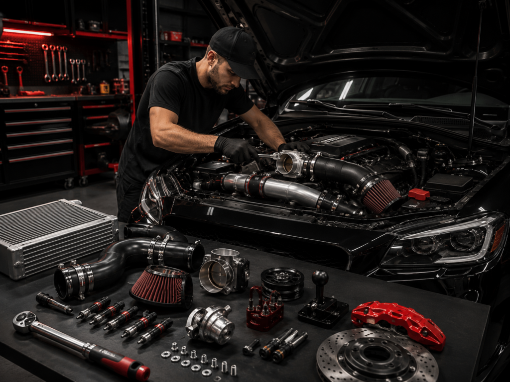 Technician installing bolt-on performance upgrades on a modified vehicle in Winston-Salem NC