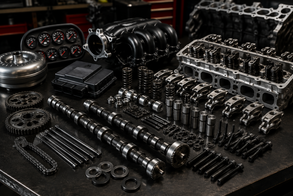 Camshafts, valve springs, rocker arms, pushrods, and valvetrain components prepared for a performance engine upgrade in Winston Salem NC