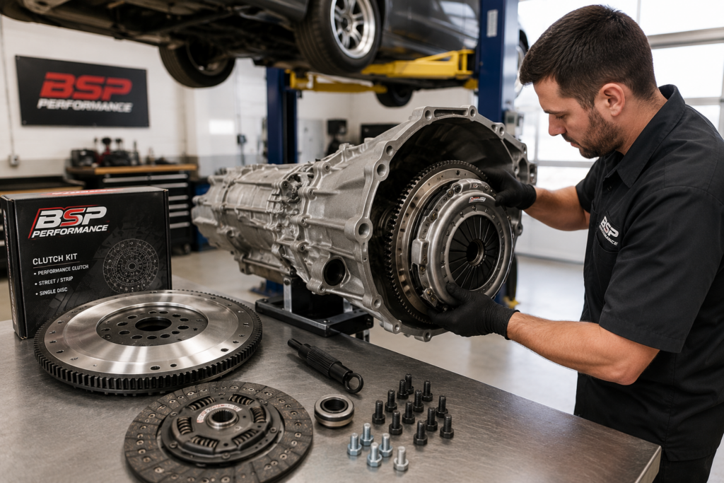 Technician installing a performance clutch and flywheel assembly on a manual transmission in Winston Salem NC