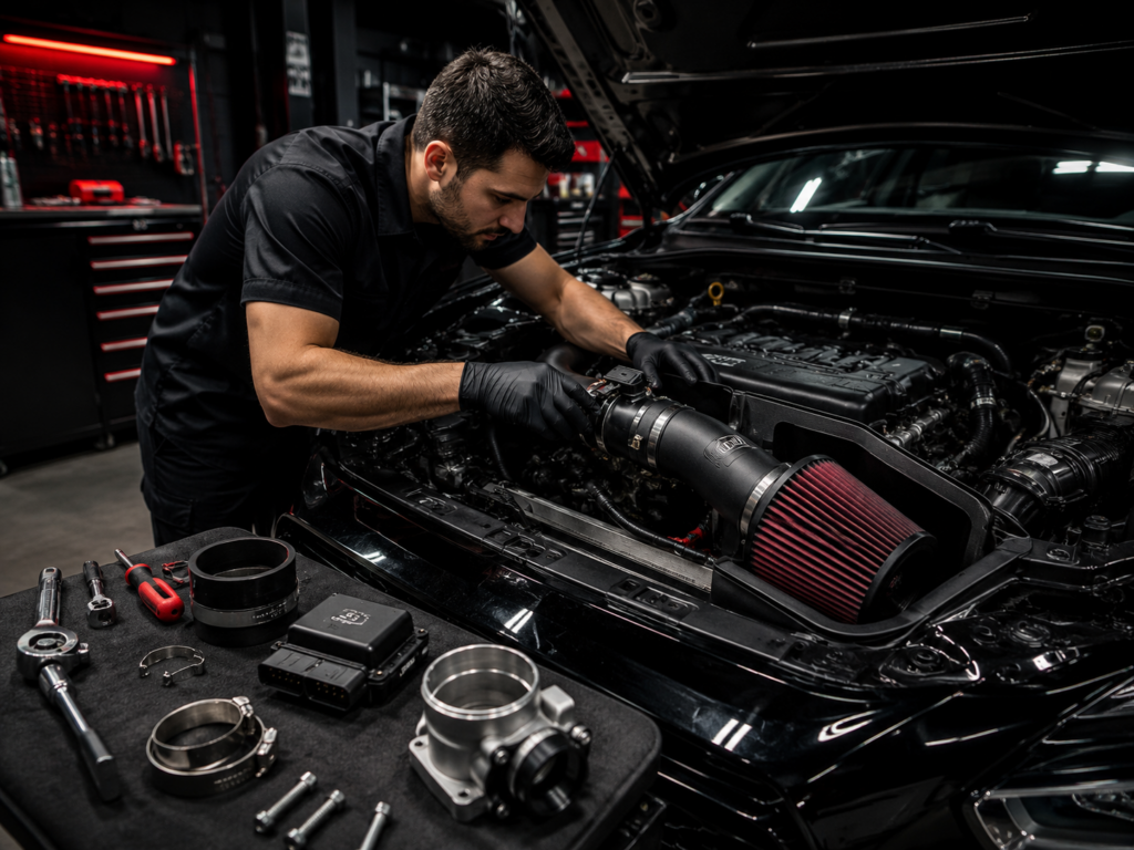 Technician installing a cold-air intake system on a performance vehicle in Winston-Salem NC