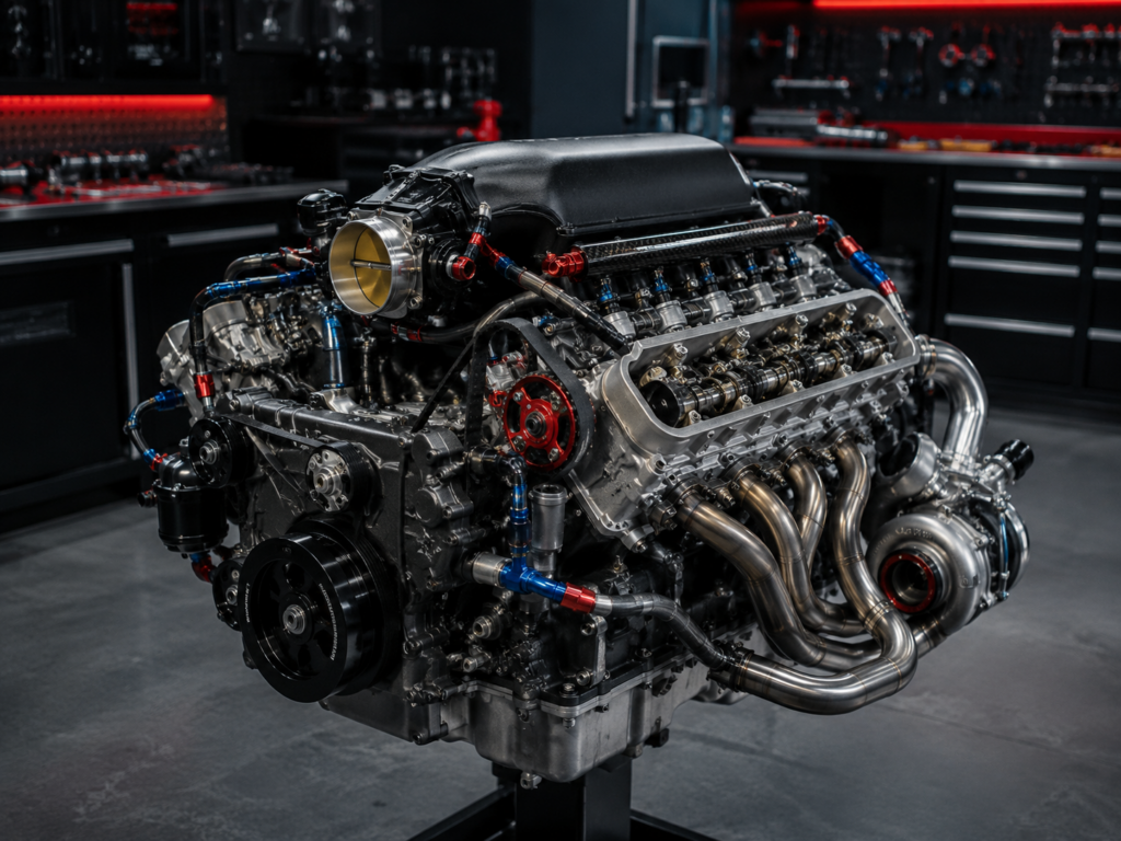 Custom turbocharged performance engine built with upgraded induction, valvetrain, fuel, cooling, and lubrication components in Winston Salem NC
