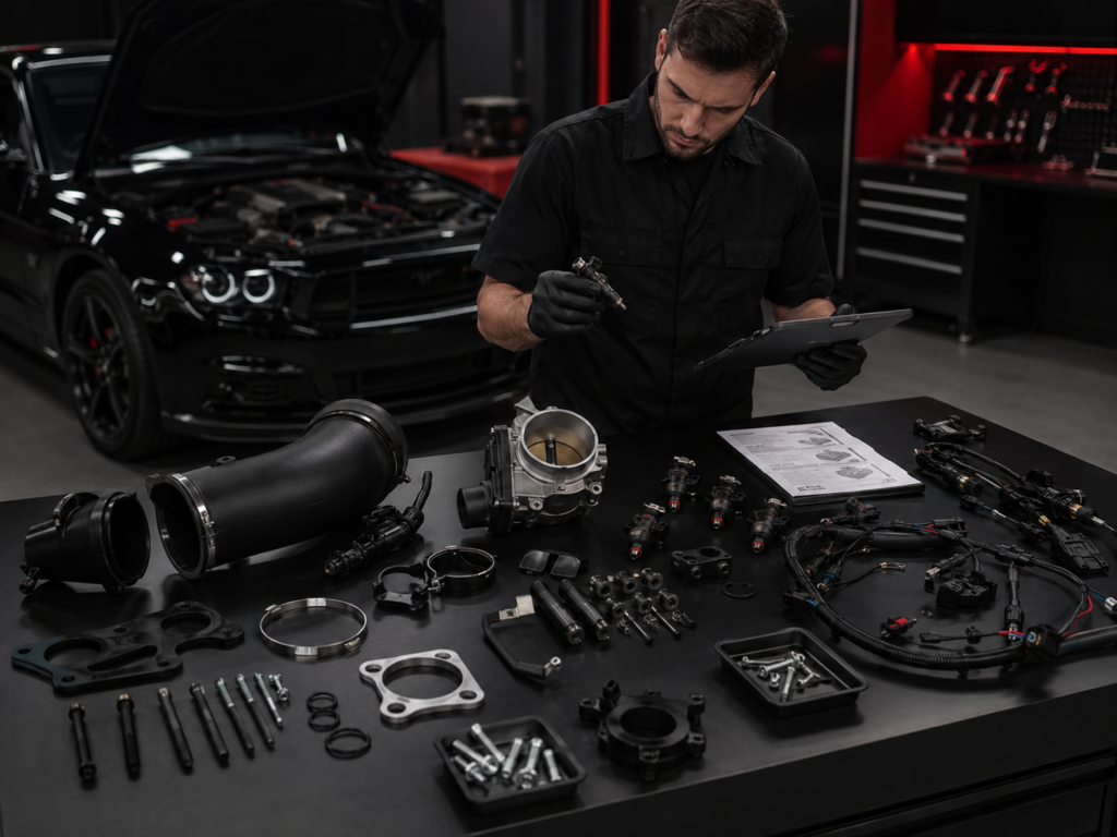 Technician inspecting customer supplied performance parts and hardware before installation in Winston Salem NC