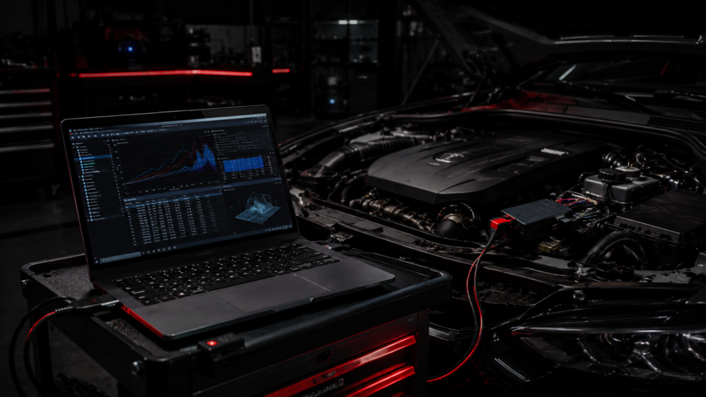 Laptop connected to a vehicle engine for ECU flash programming and software diagnostics in Winston-Salem NC