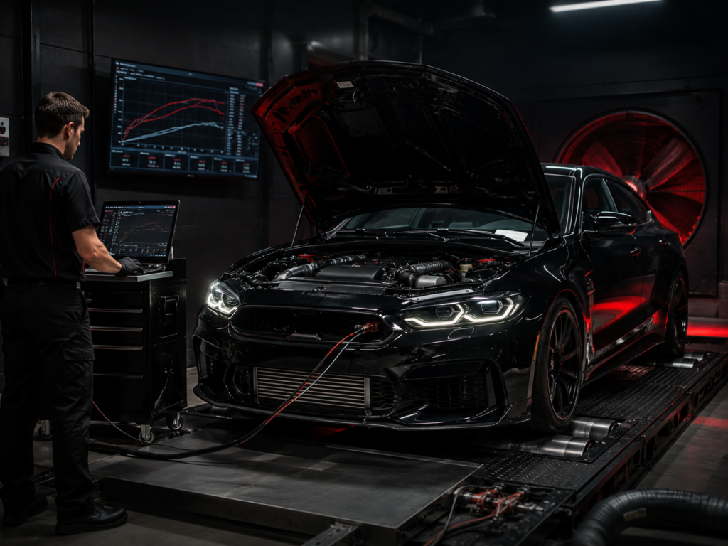 Technician performing ECU tuning on a black performance vehicle using a dynamometer in Winston Salem NC
