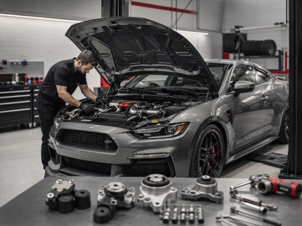 Technician installing engine and transmission mount upgrades on a performance vehicle in Winston-Salem NC