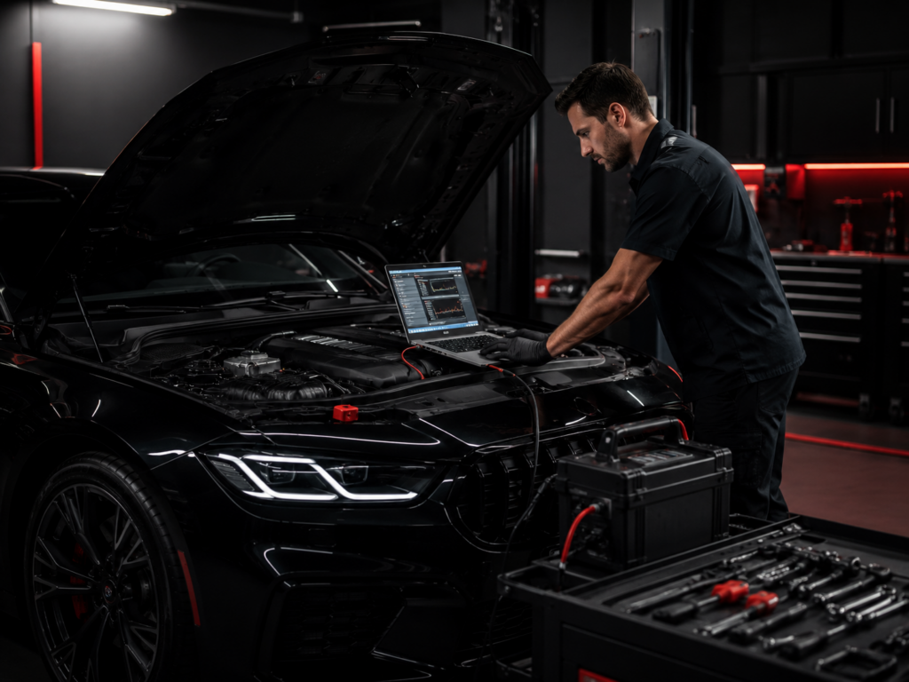 Technician performing vehicle-specific flash programming and system verification in Winston-Salem NC