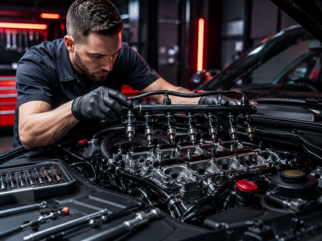 Technician installing performance fuel injectors and a fuel rail on a modified vehicle in Winston Salem NC
