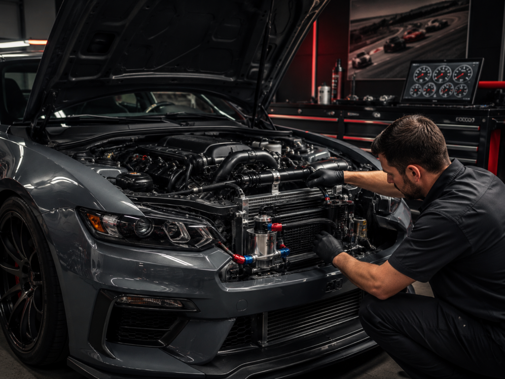 Technician installing an oil cooler and oil control components on a performance vehicle in Winston Salem NC