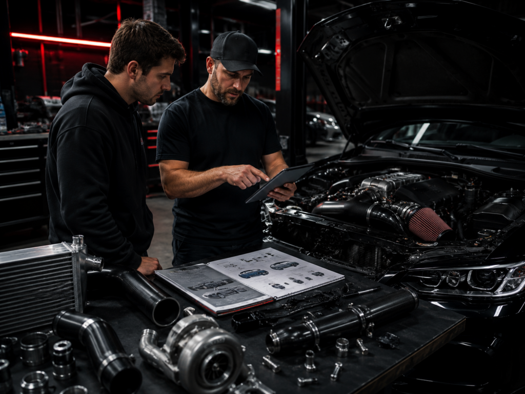 Technician and vehicle owner reviewing a performance modification plan beside a modified car in Winston-Salem NC
