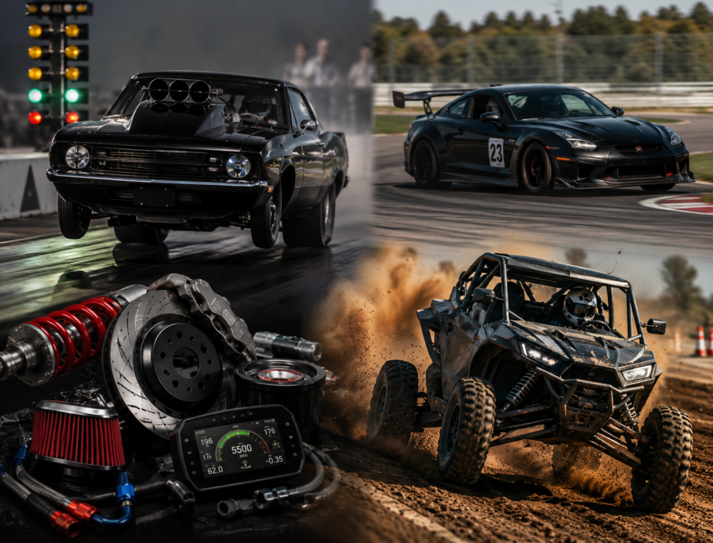 Drag racing and road course performance vehicles with motorsport suspension, brake, intake, and monitoring components