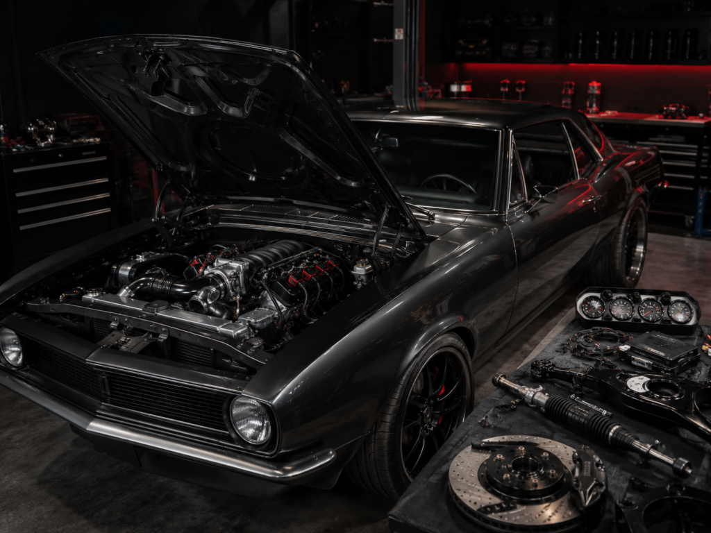 Restomod muscle car with modern engine, brake, steering, and gauge upgrades in Winston Salem NC