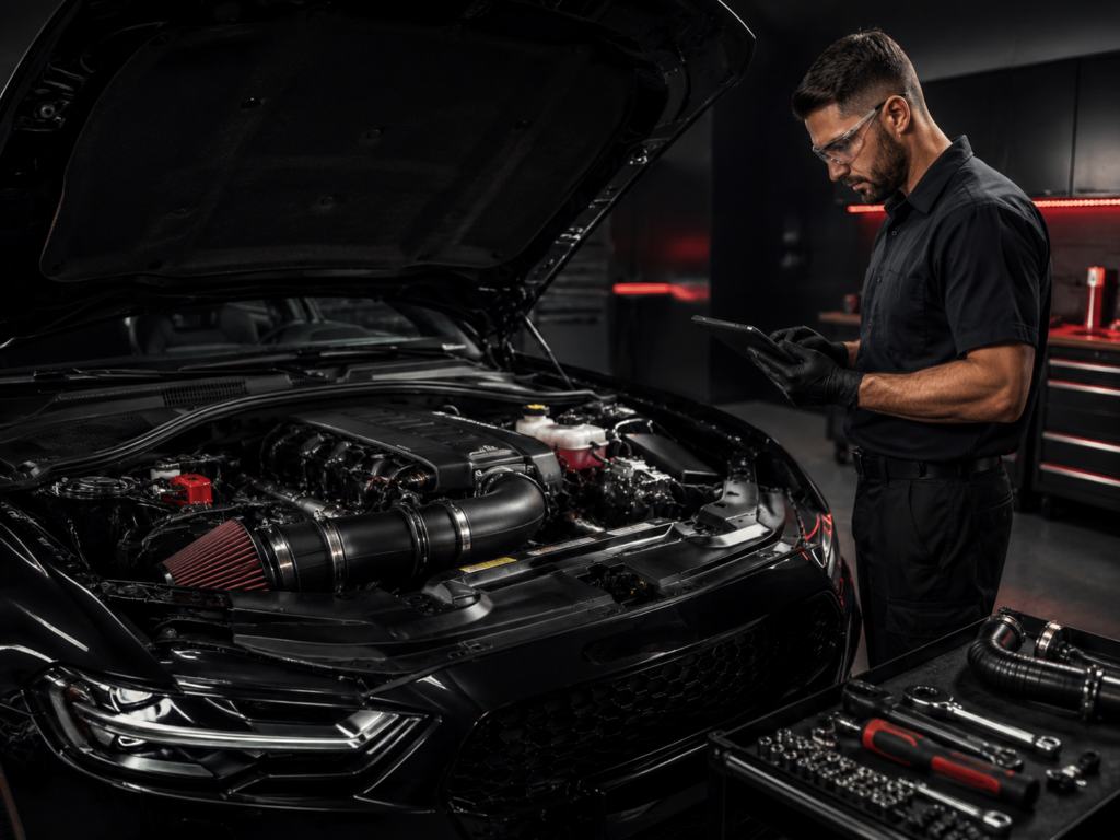 Technician reviewing a completed performance parts installation on a modified vehicle in Winston-Salem NC