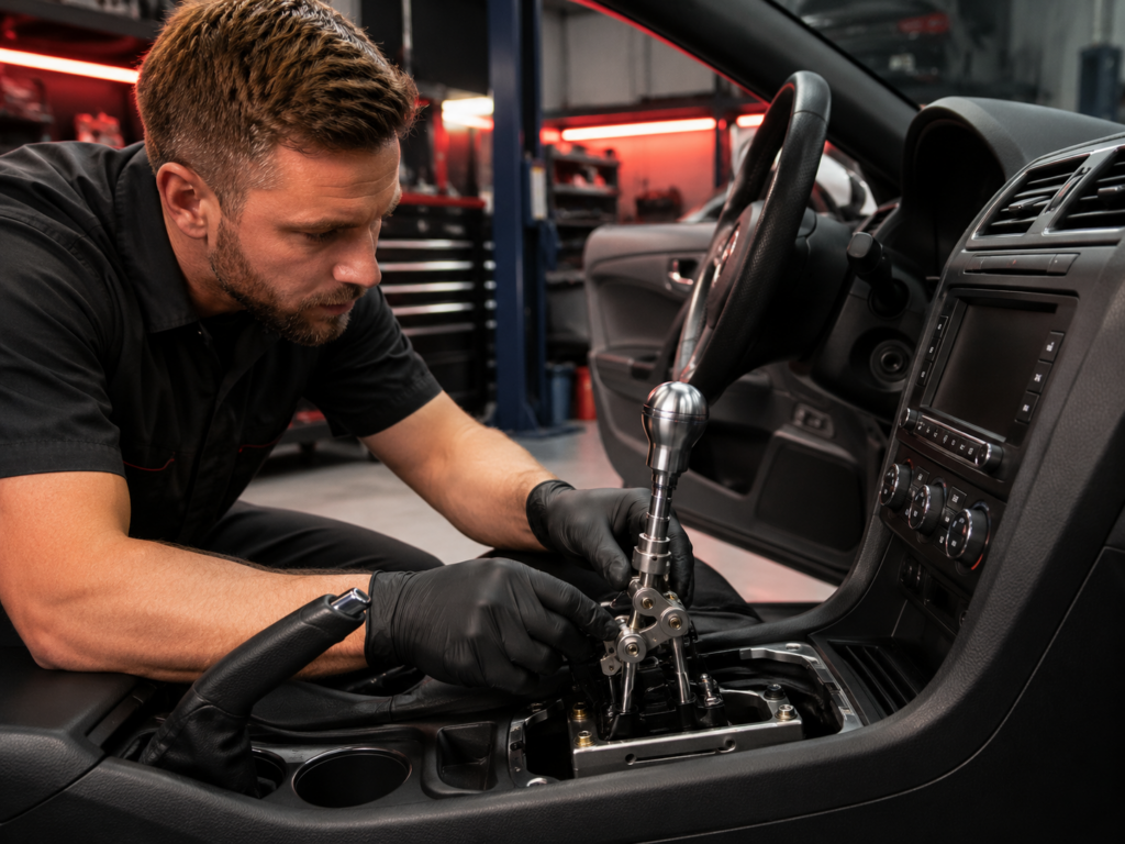 Technician installing a short shifter and checking transmission linkage in a performance vehicle in Winston Salem NC