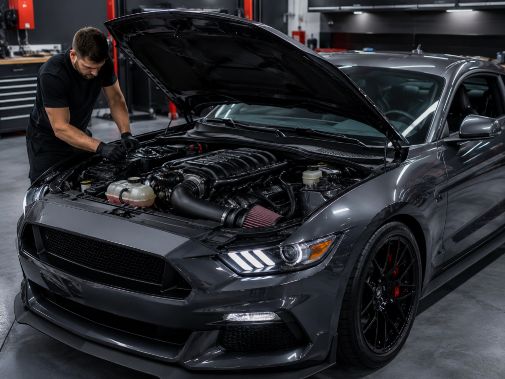 Technician inspecting a modified street performance engine in a vehicle workshop in Winston Salem NC