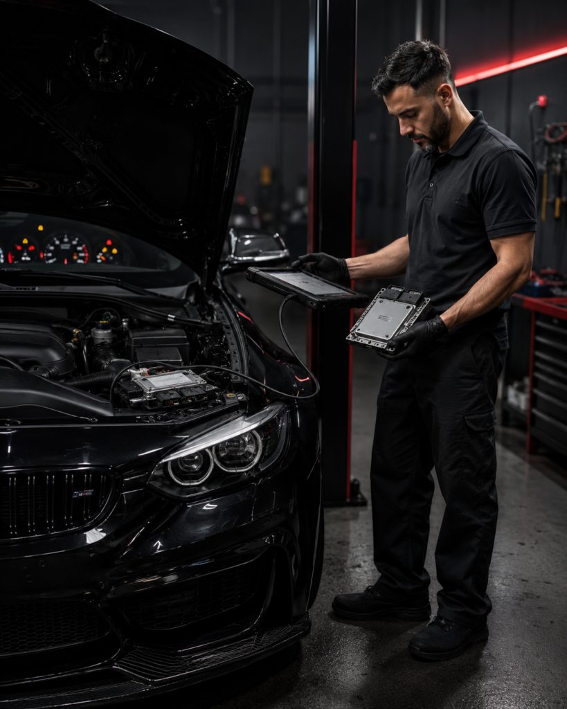 Technician diagnosing vehicle software and control module issues before flash programming in Winston-Salem NC